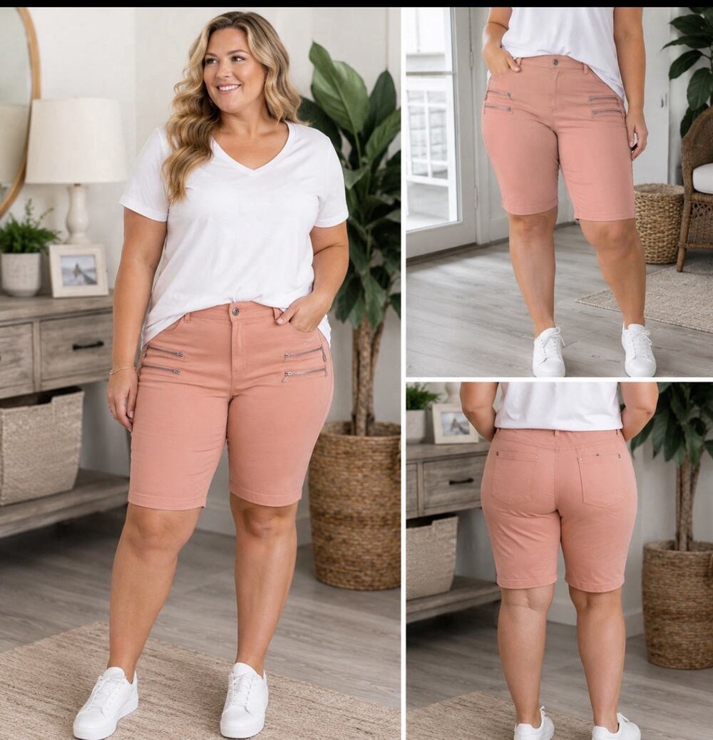 Thrill Women’s 1X Blush Pink Stretch Bermuda Shorts Double Zip Pockets Plus NWT